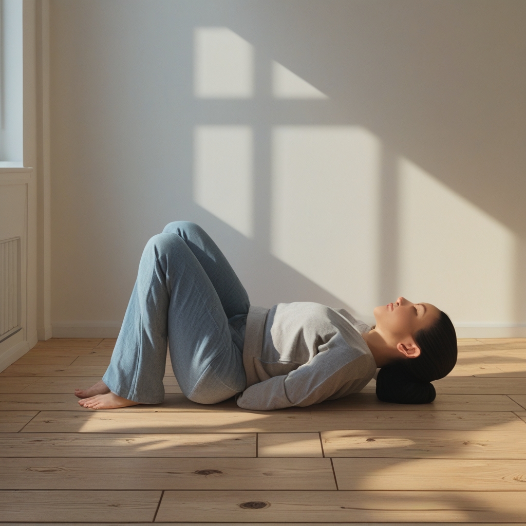 Osoba w spokojnej pozycji siedzącej na macie do ćwiczeń w jasnym, minimalistycznym studio z naturalnym oświetleniem padającym przez duże okno, skupiona i wyciszona