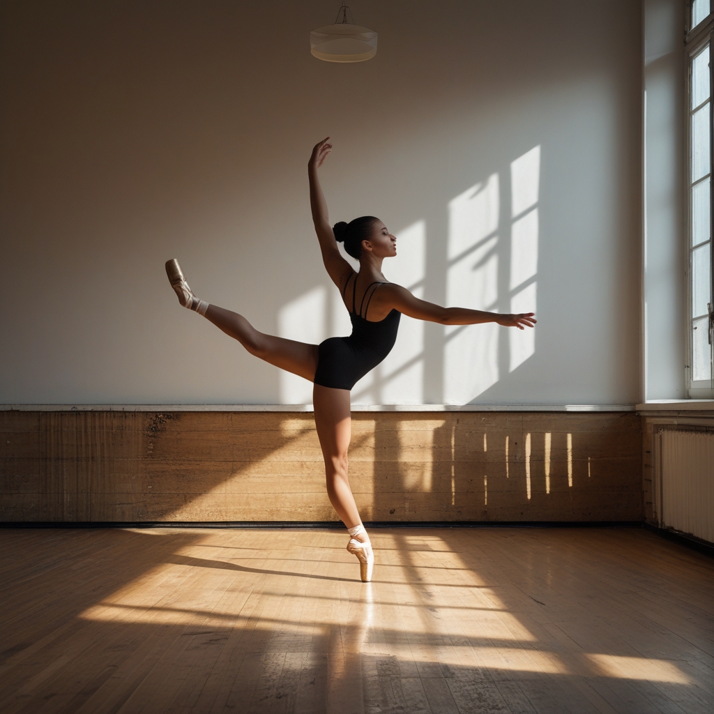 Abstrakcyjne, artystyczne ujęcie ludzkiej sylwetki w ruchu na ciemnym tle z ciepłym, bocznym oświetleniem podkreślającym kontury mięśni i postury